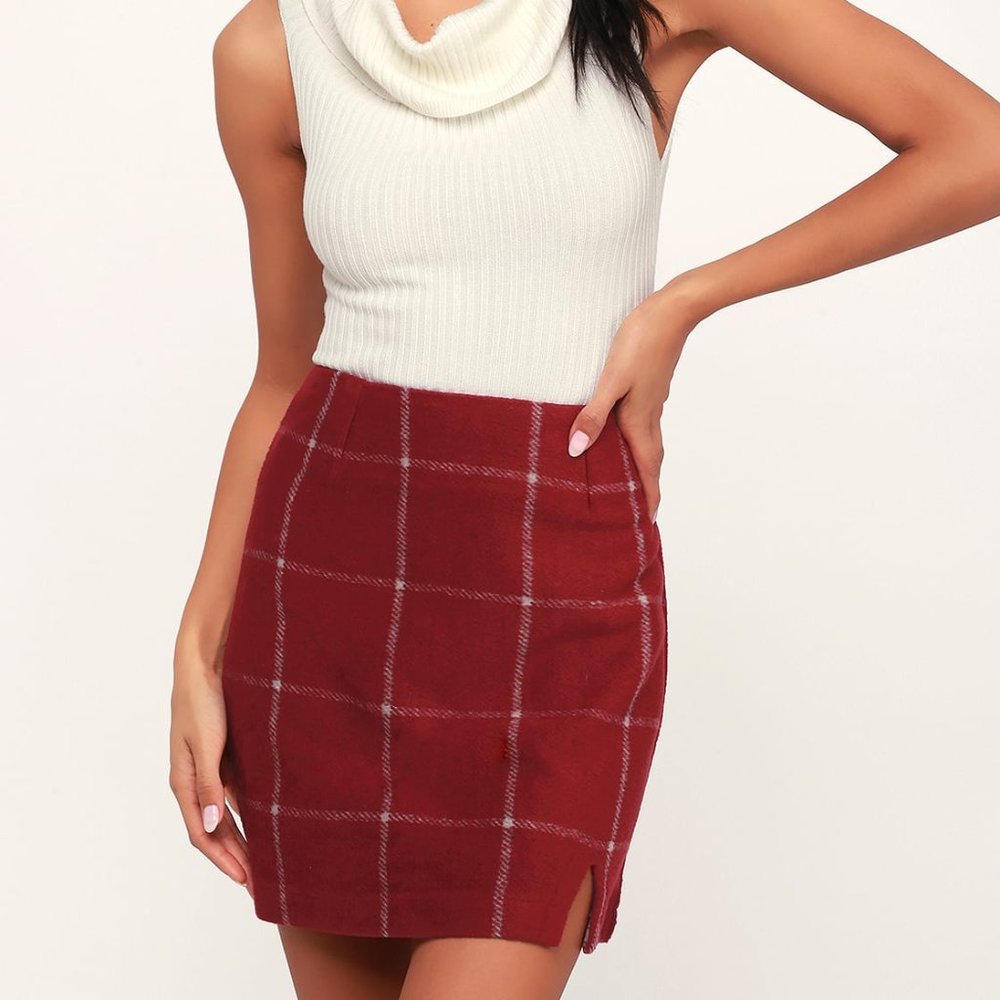 Lulu's Wine Red Spence Plaid Skirt, Size Medium